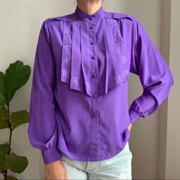 VINTAGE Purple Blouse Shirt Polyester Size M - Picture 2 of 12